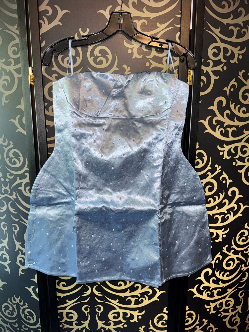 Fashion Nova Light Blue Satin Spaghetti Strap Camisole with Sparkle